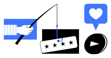 Hand holding fishing rod hooking password box, speech bubble with heart, video playback button. Ideal for cybersecurity, online privacy, data protection, awareness campaigns, phishing risks, social