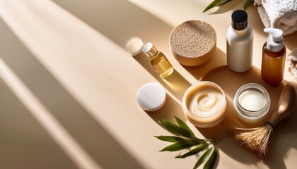 natural skincare and spa products arranged on a beige surface bathed in sunlight