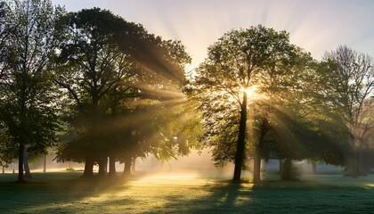 misty morning sunbeams through trees on a park