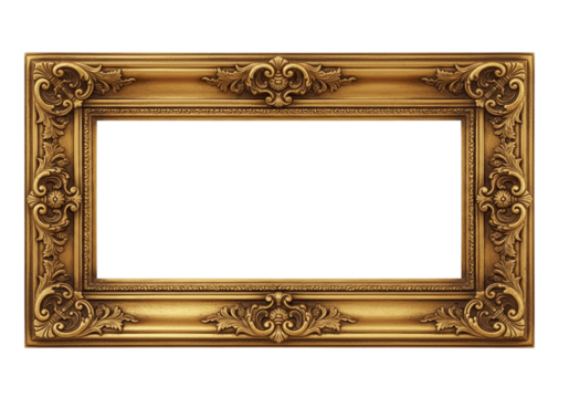 "Ornate Vintage Gold Baroque Picture Frame Isolated on Transparent Background PNG – Elegant Decorative Design"
