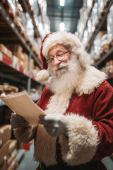 Santa Claus reading writing on gift checklist in warehouse surrounded by storage boxes