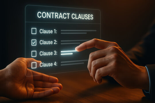 Contract clauses checklist with human hand selecting clause two on transparent digital interface, business decision making, legal agreement concept