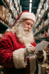 Santa Claus reading writing on gift checklist in warehouse surrounded by storage boxes