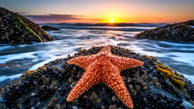 Serene Coastal Scene with Starfish and Flowing Tide at Sunset.