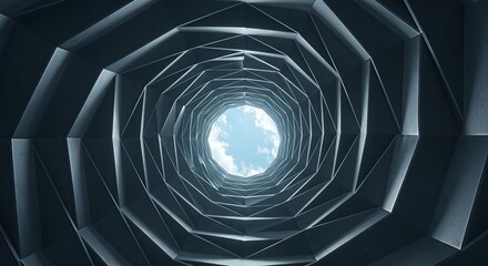 Stunning modern architectural vortex drawing eyes upward to a serene blue sky with gentle clouds, embodying innovation and aspirational design.