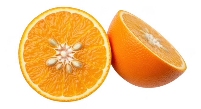 Vibrant orange halved and quartered for freshness and flavor insights transparent background
