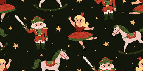 Nutcracker seamless pattern. Soldier, princess, horse and decorative elements. New Year's wooden toys. Cartoon vector illustration on dark green background.