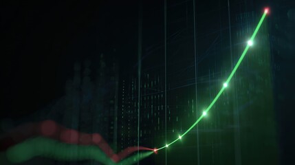 A glowing green line symbolizes upward market trends, the line ascends against a dark background, indicating economic growth and progress. ..Created with Generative AI, not depicting real subjects.