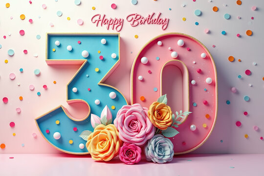 Large 3D 30 in blue and pink, surrounded by pastel confetti and bouquet of colorful roses, with Happy Birthday in pink cursive text.