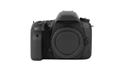 A professional black digital camera with a lens cap on, positioned centrally against a plain white background