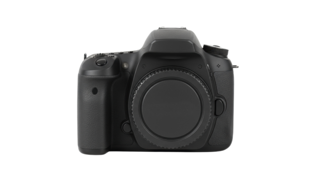 A professional black digital camera with a lens cap on, positioned centrally against a plain white background