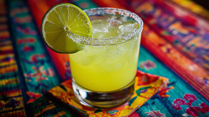 A classic margarita in a salt-rimmed glass with lime wedge garnish, vibrant yellow-green tones, sitting on a Mexican-style tablecloth with colorful patterns