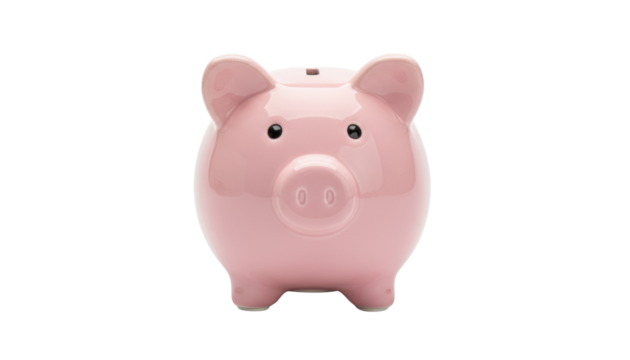 A cute pink piggy bank with a coin slot and small black eyes, standing on a white background, ready for compositing