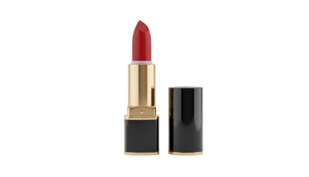 A close-up view of a red lipstick with a gold and black casing, standing upright beside its cap, png with transparency - Powered by Adobe