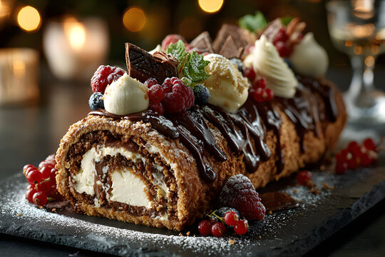 Traditional Christmas Buche de Noel cake