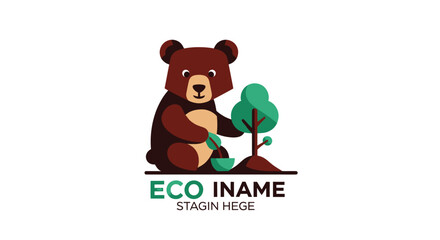 Cartoon bear logo planting a tree in soil, stylized and minimalist