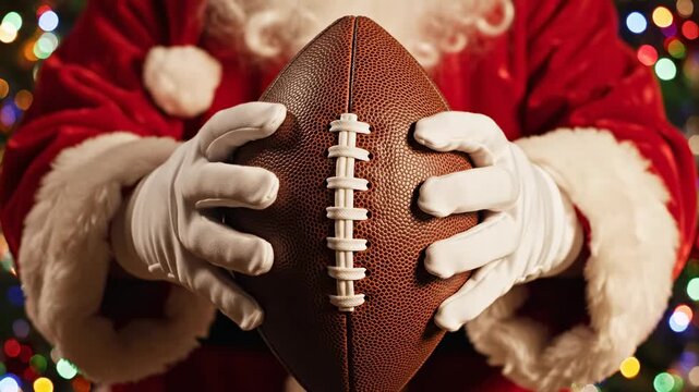 close-up of Santa Claus holding an American football, Christmas and sports-themed video.