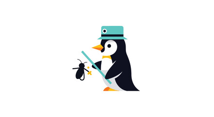 Cartoon penguin with a hat and fishing rod, catching an insect