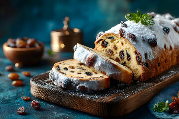 Christmas stollen cake with icing sugar, marzipan and raisins. Traditional Dresdner christ pastry. Marble background.