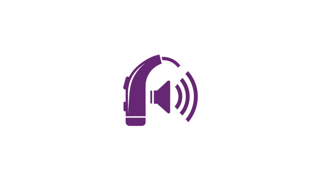 A purple icon showing a hearing aid emitting sound waves