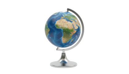 Globe showing the african continent with a metallic stand and a curved meridian on a clean white background