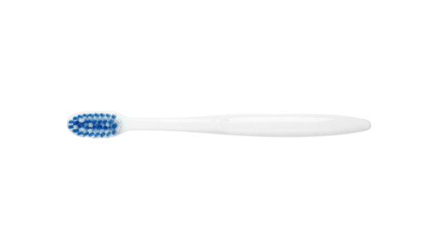 A simple white toothbrush with a blue bristle head placed horizontally on a clean background surface on white