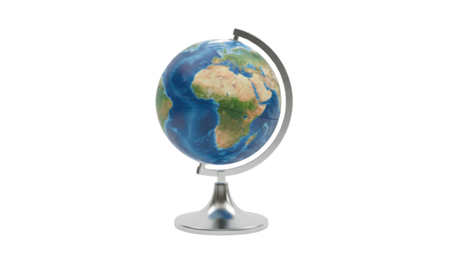 Globe showing the african continent with a metallic stand and a curved meridian on a clean white background