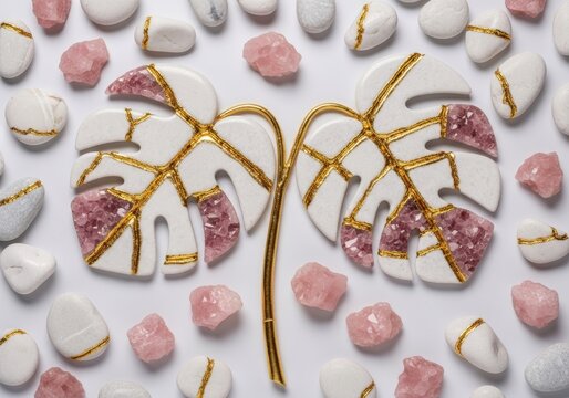 Monstera leaves and textured stones with gold kintsugi, quartz crystals, geodes on white pebbles. flat lay background for spa, wellness, beauty branding. Calming, natural aesthetic top view flat lay 