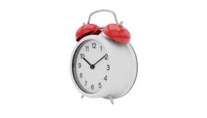 Classic round alarm clock with red bells and a white face displaying black hour and minute hands, clean white background