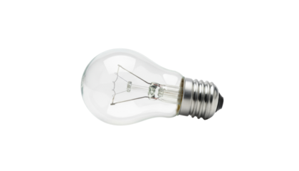 A clear light bulb with a metallic base positioned at an angle against a white background, ready for compositing