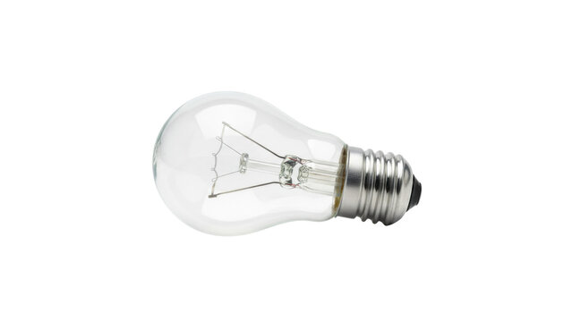 A clear light bulb with a metallic base positioned at an angle against a white background, ready for compositing