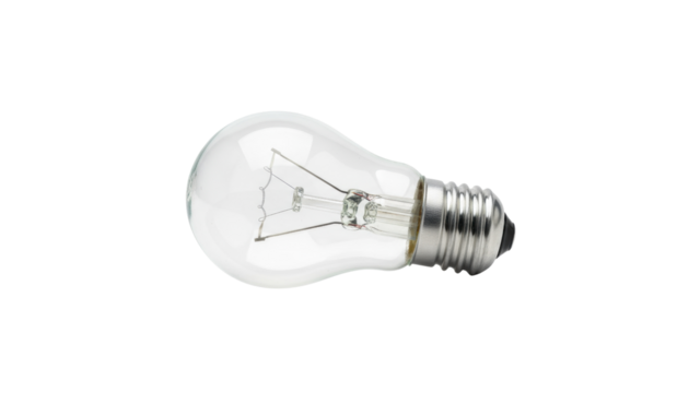 A clear light bulb with a metallic base positioned at an angle against a white background, ready for compositing