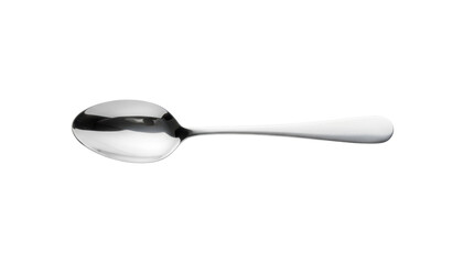 Shiny stainless steel spoon lying flat against a clean white background with smooth reflections visible on surface object on white