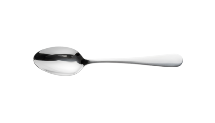 Shiny stainless steel spoon lying flat against a clean white background with smooth reflections visible on surface object on white
