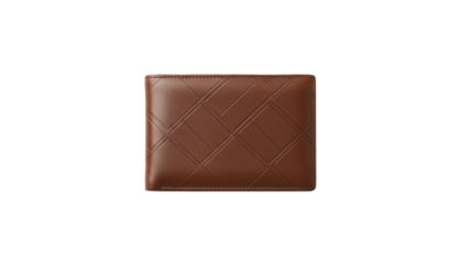 A brown rectangular wallet with a geometric pattern of diagonal lines, seen on a white background, isolated object png with transparency