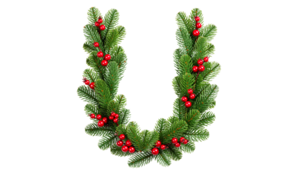 Decorative green wreath made of pine branches with red berries arranged in a u shape, ready for compositing