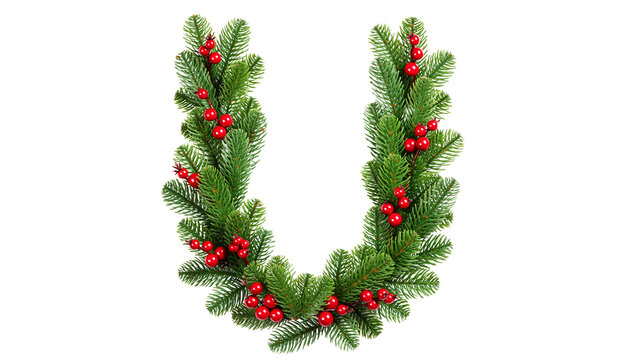 Decorative green wreath made of pine branches with red berries arranged in a u shape, ready for compositing