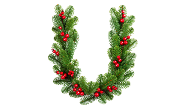 Decorative green wreath made of pine branches with red berries arranged in a u shape, ready for compositing