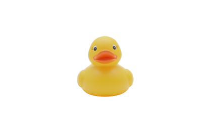 A cute yellow rubber duck with a smiling face and orange beak on a plain white background png with transparency