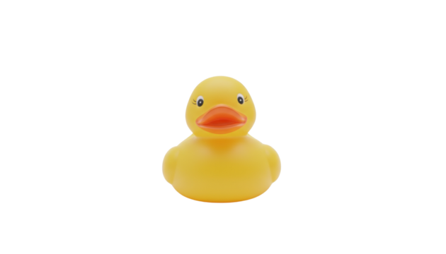 A cute yellow rubber duck with a smiling face and orange beak on a plain white background png with transparency