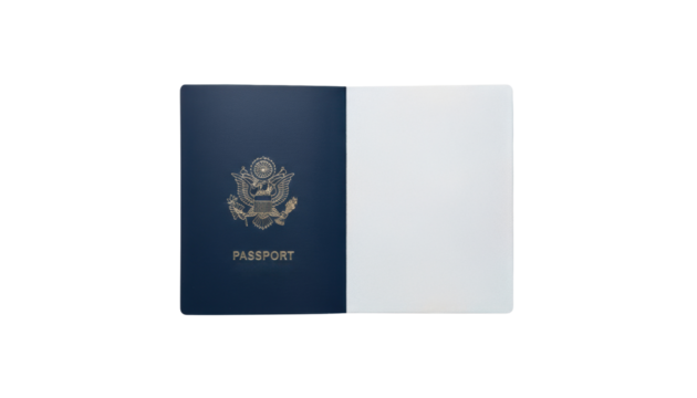 Navy blue passport cover with gold emblem and the word passport on the front, opened to a blank page, isolated on white