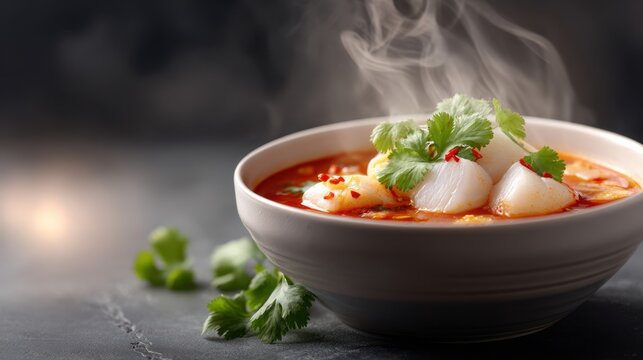 Bowl of steaming spicy soup with scallops and fresh herbs garnished, showcasing vibrant colors and inviting textures for culinary enthusiasts