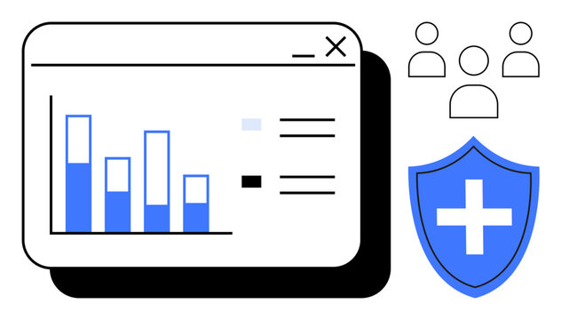 Bar chart analytics window, blue medical shield, group of users. Ideal for data protection, healthcare, teamwork, digital security, statistics research and collaboration. Minimal flat metaphor
