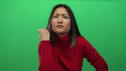 Fototapeta premium Young woman in red sweater making an expressive gesture with her hand against an isolated green background wall, conveying emotion and focus.