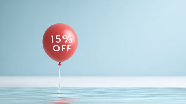 Red balloon with 15 percent discount text floating above calm water surface, creating a vibrant promotional atmosphere for sales and marketing campaigns - Powered by Adobe