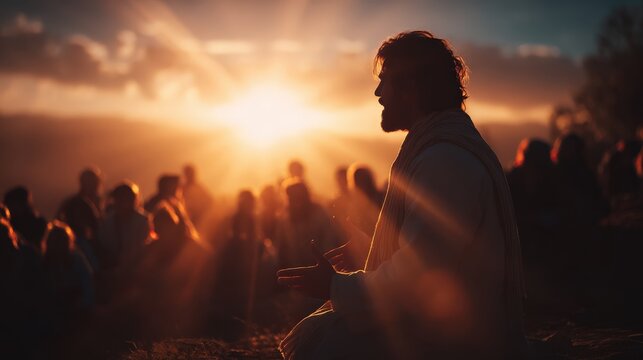 In the soft glow of a setting sun, a man stands before a crowd, his words resonating with those who gather around. ..Created with Generative AI, not depicting real subjects.