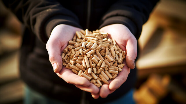 Eco-Friendly Biofuel Wood Pellets Held in Hands for Renewable Energy