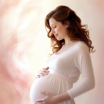 Side View of Young Pregnant Woman in Soft Pink Dress Smiling