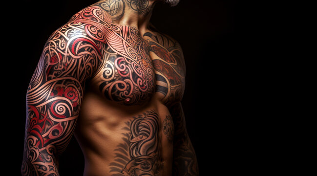 Muscular Male Torso with Intricate Tattoos on Dark Background