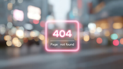 Blurred cityscape background featuring a neon 404 error message in a glowing frame, symbolizing digital issues and online navigation challenges in modern technology